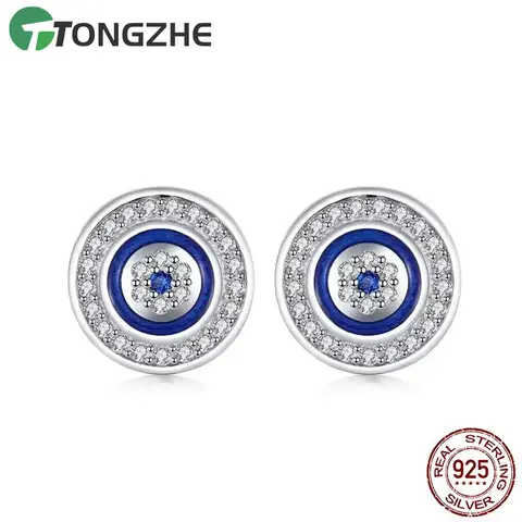 TONGZHE 925 Sterling Silver Stud Earrings For Women Blue Crystal Evil Eye Enamel Lucky Turkey Eye Men Earrings Fashion Jewelry