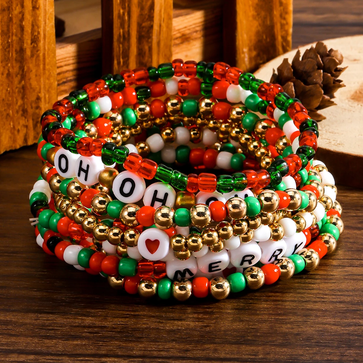 

9pcs/set Red Rice Beads bracelets For Women Bohemia Handmade Beaded Christmas Letters Jewelry Perfect for Christmas Gifts