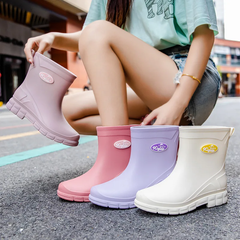 New Women Fashion Mid-calf Rain Boots Outdoor Square Heels Fishing Rainboots Non-slip Waterproof Water Shoes Wellies Boots