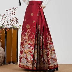 New Chinese Horse Face Skirt Red Floral Waist Tie Pleated Skirt Chinese Style Hanfu Elegant Large Swing Long Half-body Skirt