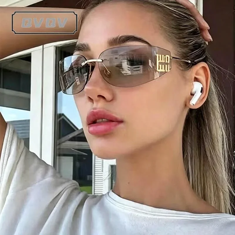 Luxury Brand Rimless Y2k Punk Sunglasses Women Narrow Curved Metal Letters Sun Glasses Ladies Trendy Tea Pink Gradient Shades