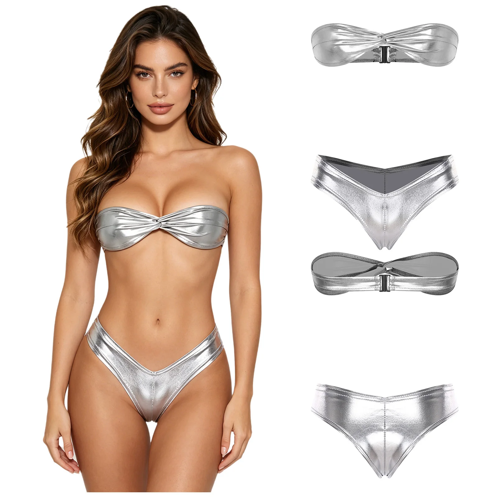 

Womens Metallic Bathing Suit Strapless Front Twisted Knot Bra Top with Bottoms Bikini Sets Tropical Island Honeymoon Swimsuits