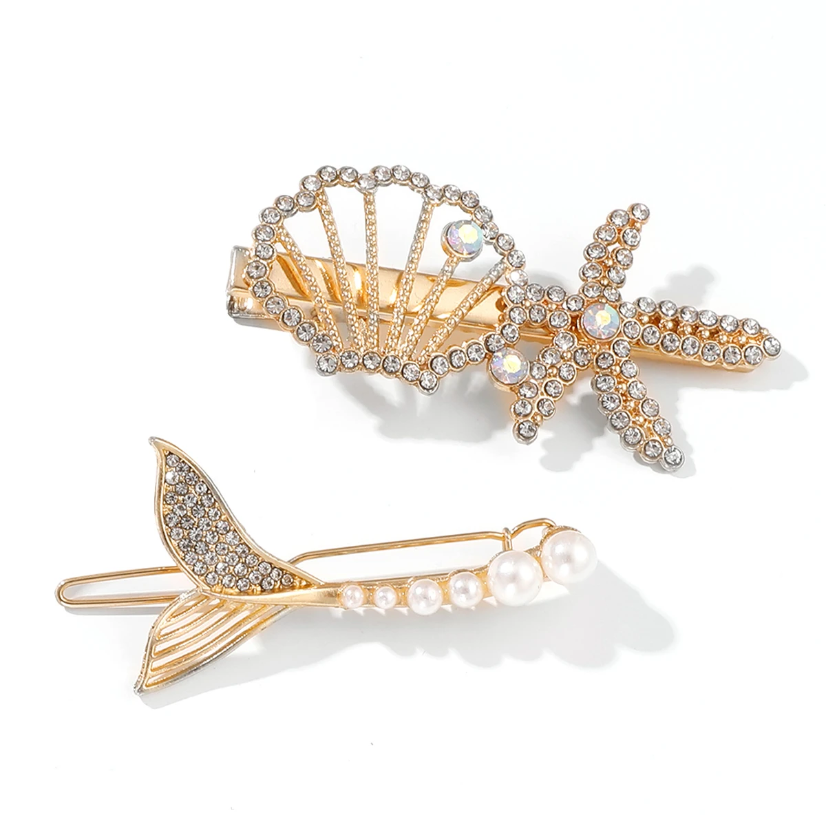 Pack of 2 Marine Themed Hair Clips Glitter Beaded Side Pin Alloy Flat Bangs Pin Starfish & Shell Shaped Fish Tail Design LL@17