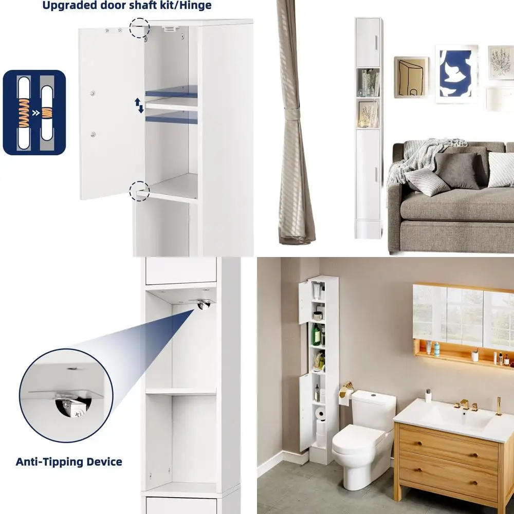 

72 High Slim Storage Cabinet for Small Bathrooms, 2-Door White Freestanding Unit with Adjustable Shelves