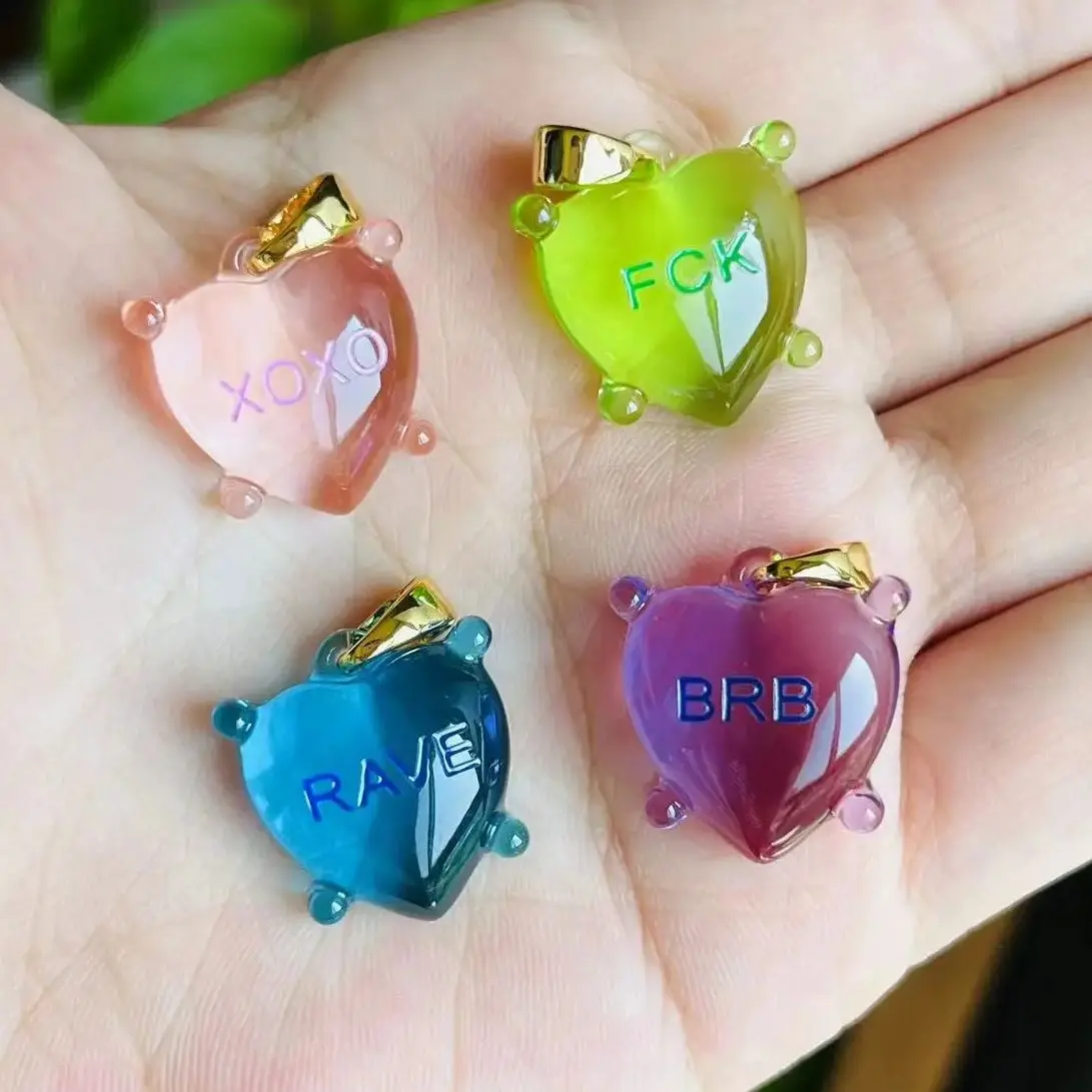 Transparent Pink Heart Pendants Customizable Resin Clear Green Multicolor Letters Charms Necklace for Women Girls Y2K Jewelry
