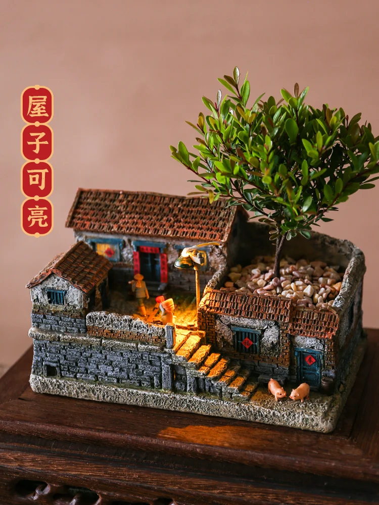 Desktop Micro Landscape Resin Desktop Decoration Nostalgic Retro Multi-Functional Courtyard Handicraft Ornaments Old House Model