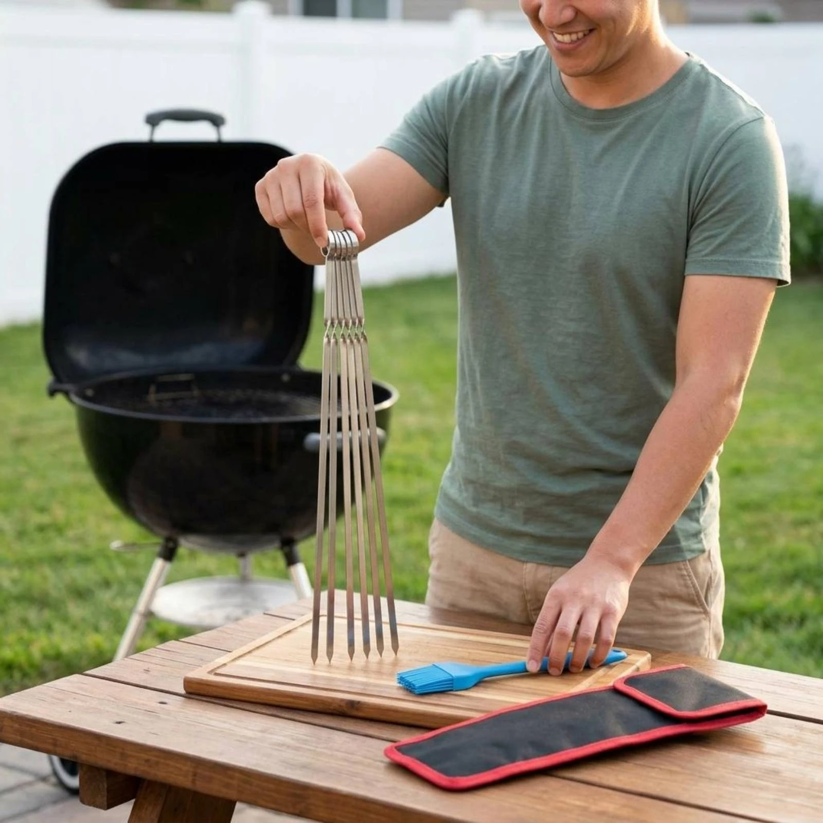 

10 Pieces Skewer Brush Pouch Set Flap Closure Barbecue Skewer Set Grill Accessories Kit Hanging Loop Outdoor Cooking Gear