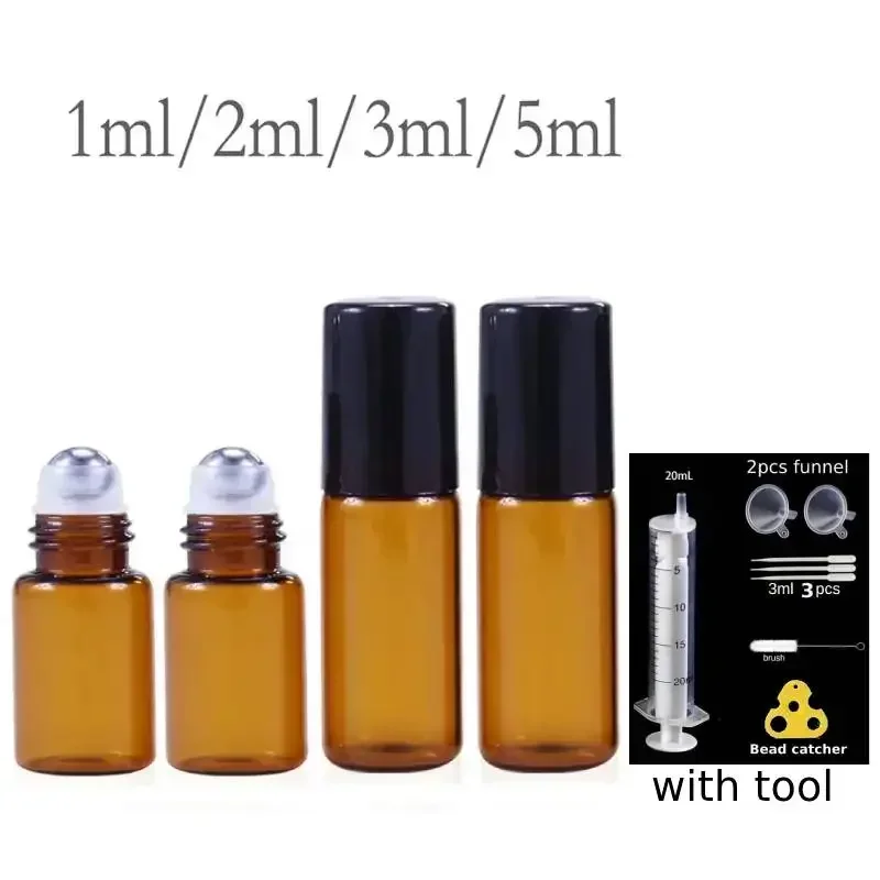 50pcs 1 מ ל 2 מ ל 3 מ ל 5 מ ל ל גליל על בקבוקונים שמן מתכת/כדור זכוכית מבחן חיוני ענבר בושם זכוכית דק