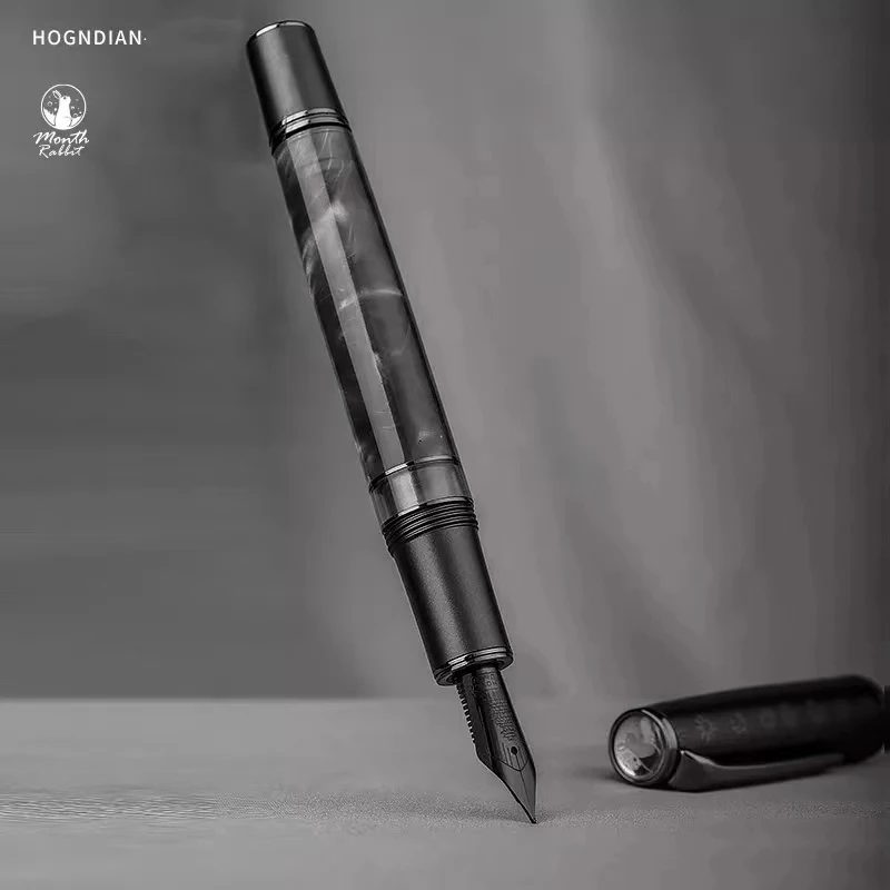 Hongdian Beautiful Gray Moon Rabbit Totem Cap N7 Resin Piston Fountain Pen  EF/F 0.4/0.5mm Smooth Writing Office Gift Ink Pen