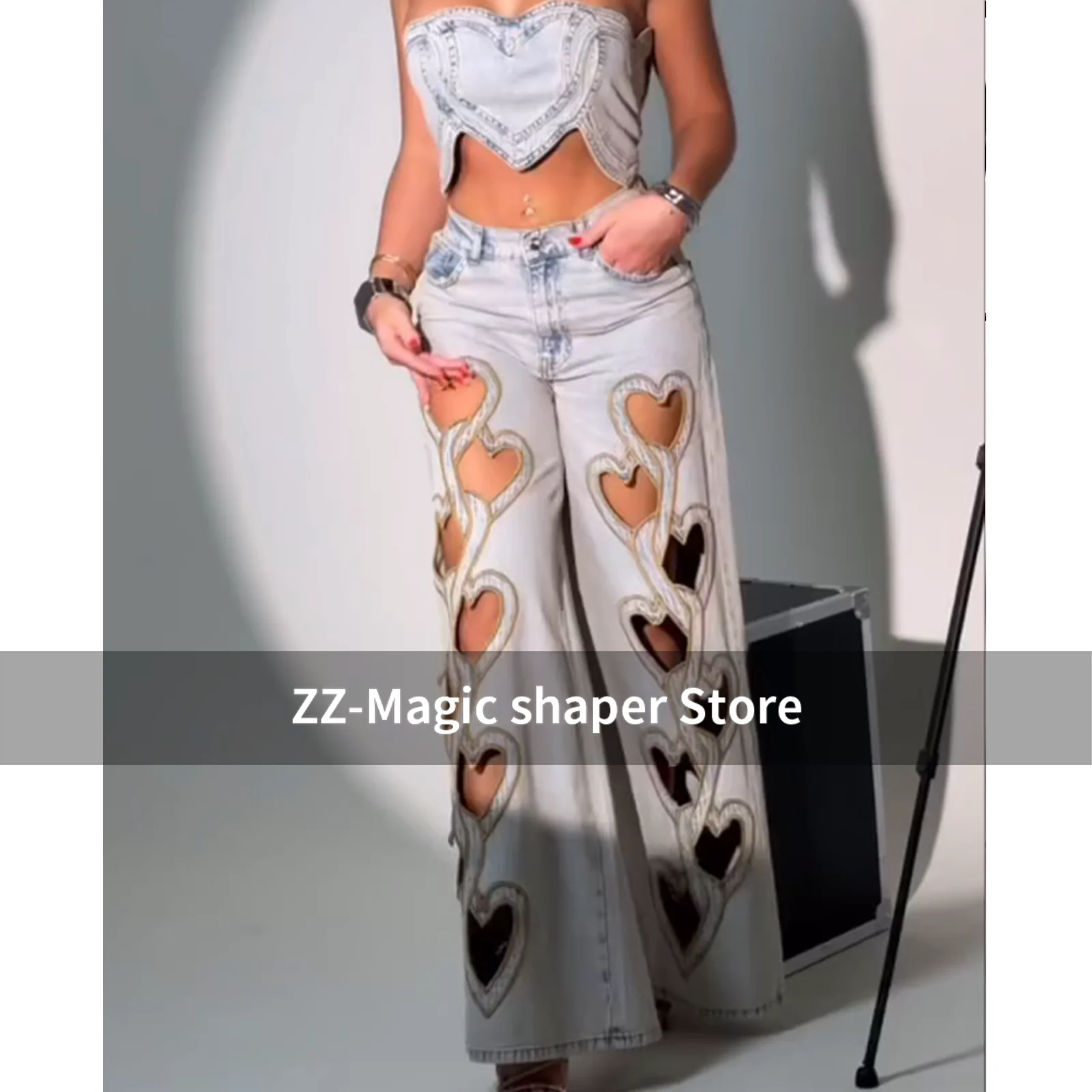 Stylish Wide Leg Trousers Denim Pants High Waisted Heart-Shaped Hollow Straight Leg Jeans Set Women's Loose Jeans Streewear