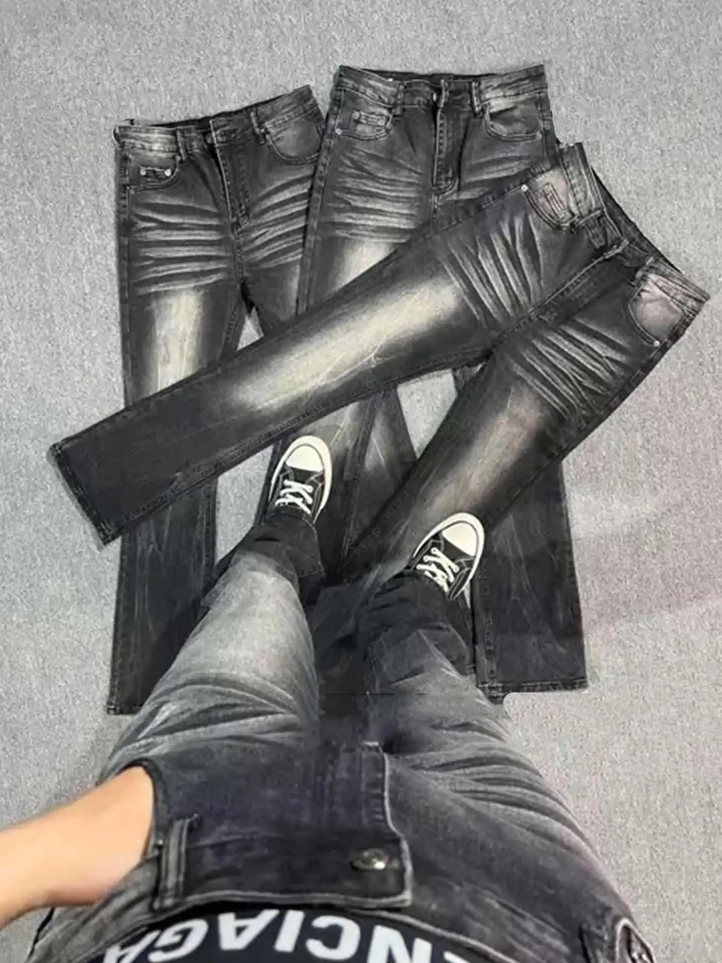 

Cleanfit Style High Street 517 Black Washed Heavyweight Slim Fit Bell Bottom Jeans Men Women Elastic Denim Pants Casual Wear