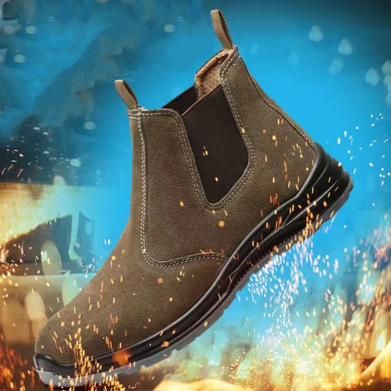 

plus size mens casual breathable steel toe caps work boots cow suede leather welding shoes worker safety chelsea boot safe botas