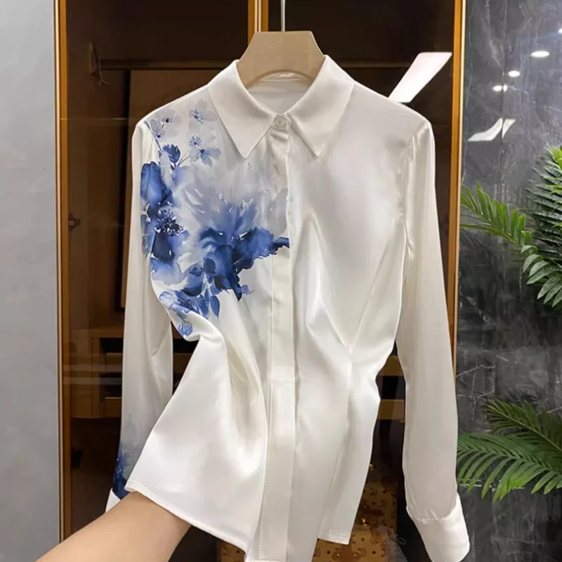 Satin Vintage Women\'s Shirts Spring/summer New Prints Tops Loose Long Sleeves Korean Clothing SALES Fashion Women Blouses