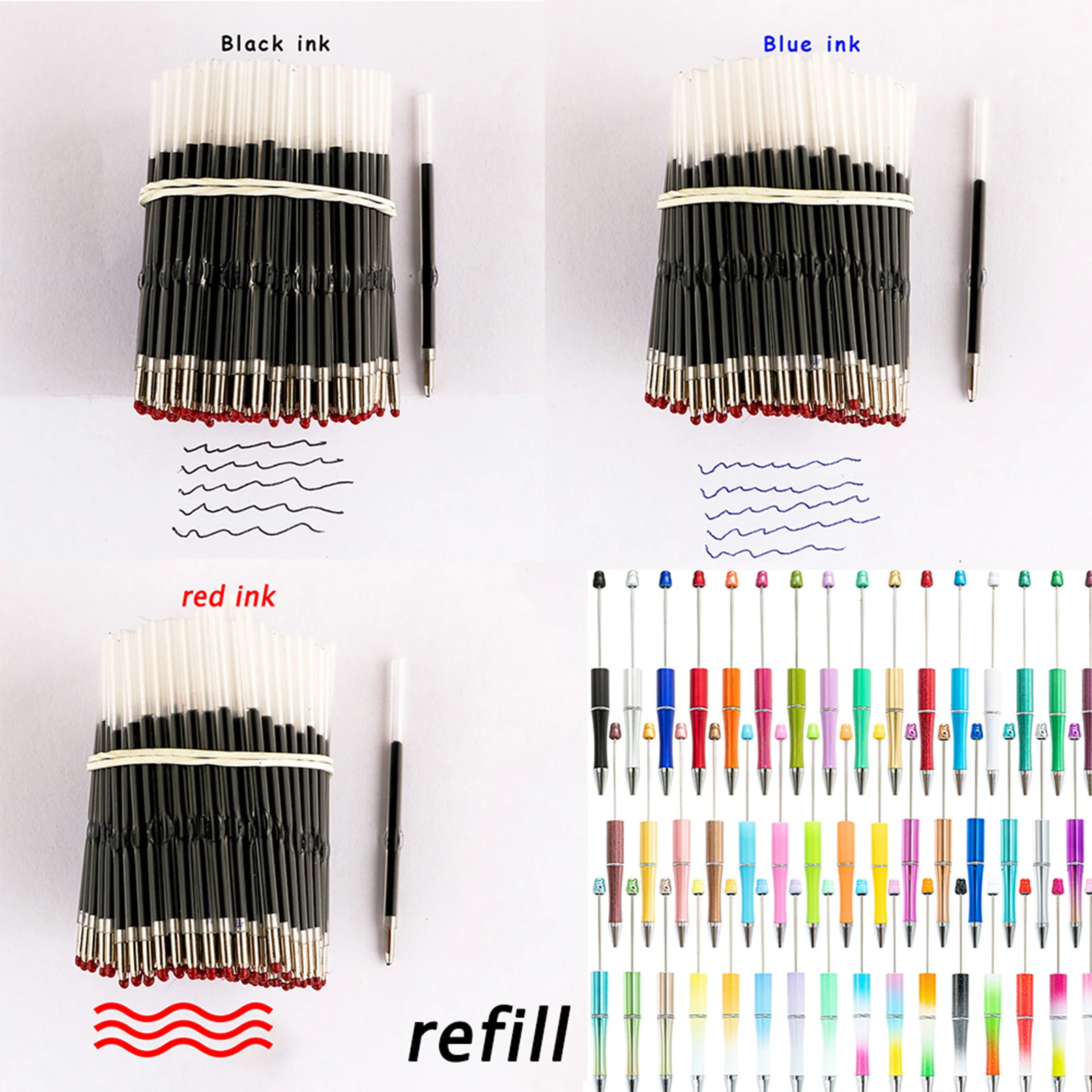 200Pcs Retractable Ballpoint Pen Replacement Refills Ink Pen1.0mm Refills for Beadable Pen Smooth Writing For Office Supplies