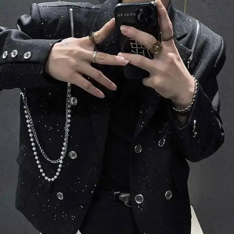 Chain Decorate Jacket Men Blazer Homme Luxury Banquet Jacket Blazer Masculino Shiny Jacket Club Party Blazer Men Stage Suit