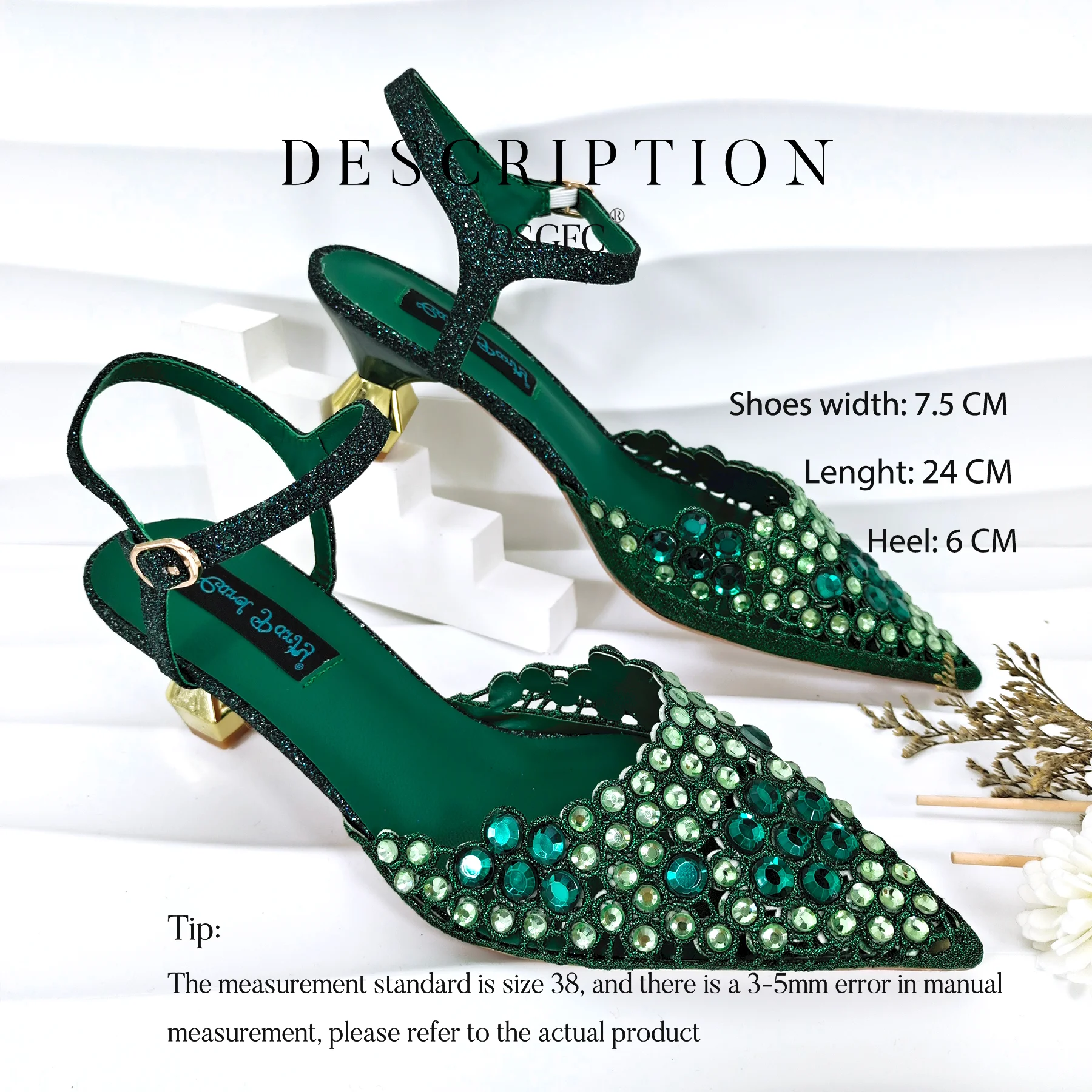 2024 Hot Selling Green Color Colorful Crystal and Rhinestone Decoration Design Women Shoes and Bag Set for Party Wedding