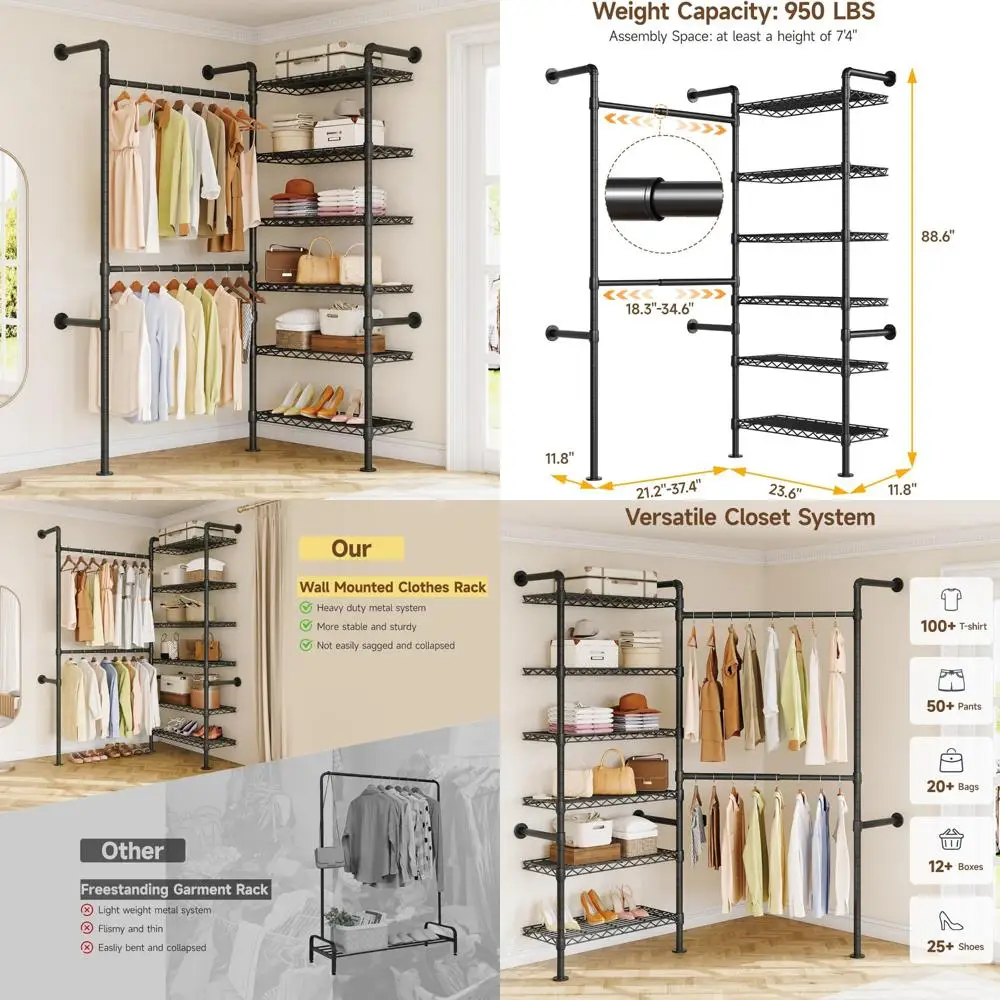 industrial style wall-mounted closet system with 2 extendable rods and 6 shelves for heavy-duty storage