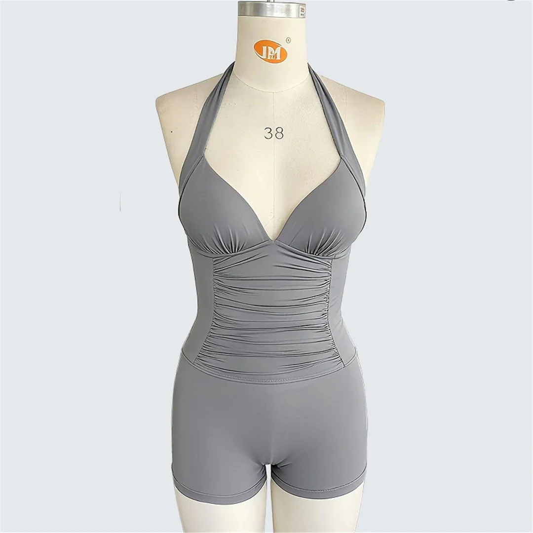 S - XXL Neckholder-Badeanzug mit V-Ausschnitt, geraffter Einteiler, Damen-Badebekleidung, Shorts, Monokini, gepolsterter Badeanzug, Badeanzug, Schwimmanzug V7535 – Detail 9
