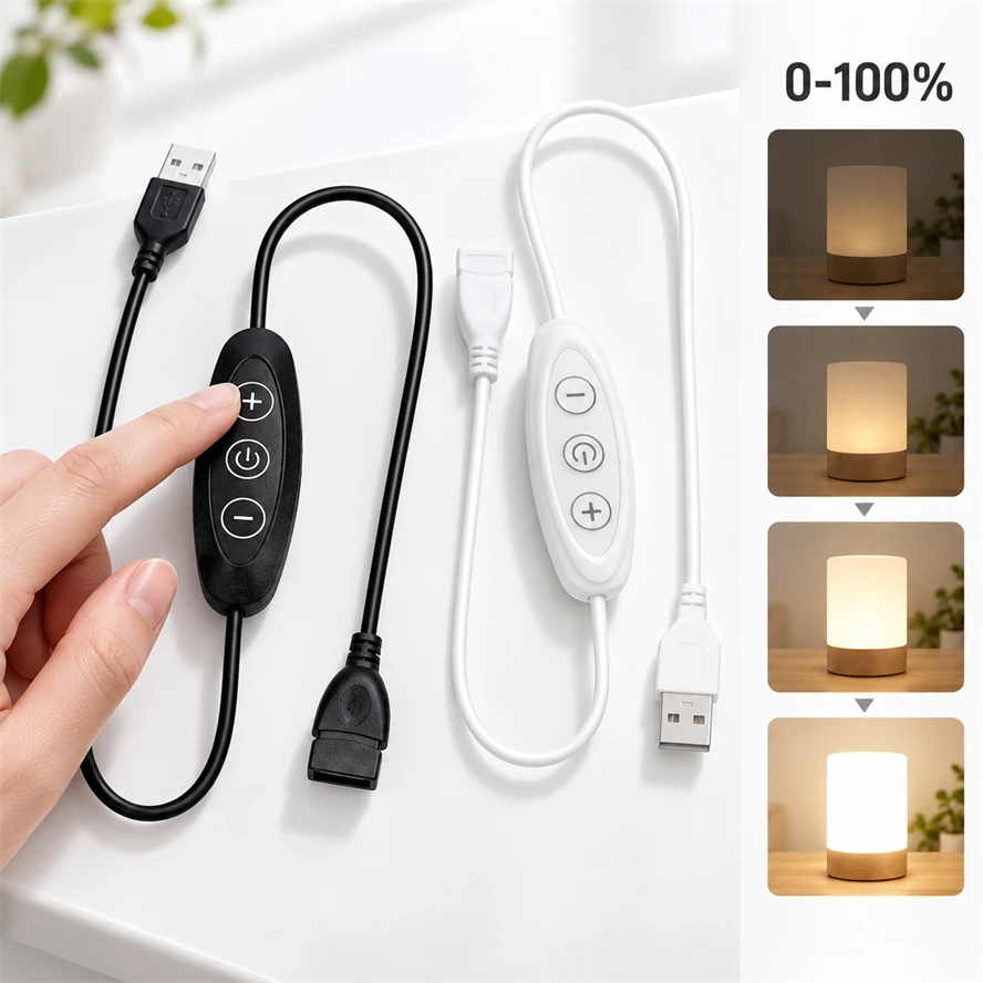 DIY 5V 2A USB Dimmer Switches 8-Level Dimming 3 Key Control Light Dimming Inline Controller Switches Power Cable Lighting Parts