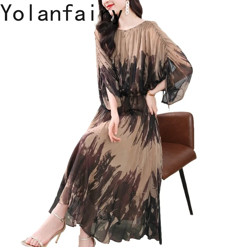 

YOLANFAIRY 100% Натуральные шелковые платья из тутового шелкопряда, летняя коллекция 2026, модное шелковое платье с круглым вырезом, окрашенное, женская одежда, длинные платья на день рождения, новинка