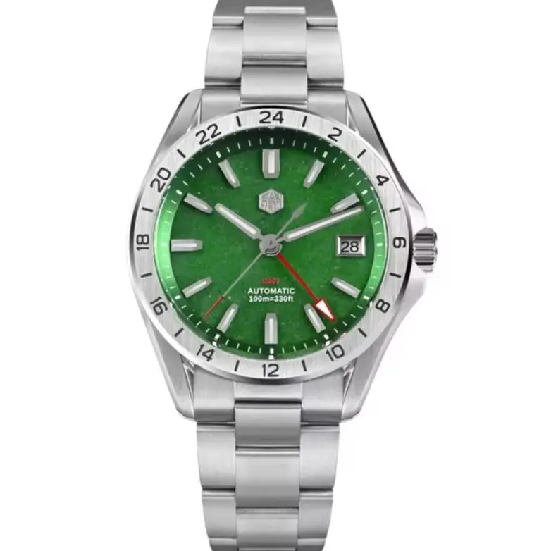 San Martin Men Automatic Watch GMT Mechanical Wristwatch 10Bar Waterproof Luminous Sapphire NH34 Red Agate Green Jade Stone Dial
