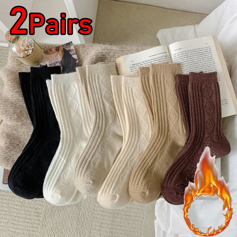 1/2 Pairs Women‘s Wool Blend Socks Thicken Mid-Calf Solid Cashmere Socks Solid Cashmere Socks Snow Sock for Winter