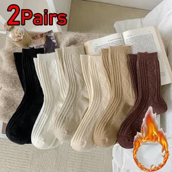 1/2 Pairs Thicken Wool Socks Women Diamond Check Mid Calf Solid Cashmere Socks Korean Japan Thermal Warm Velvet Sleep Socks