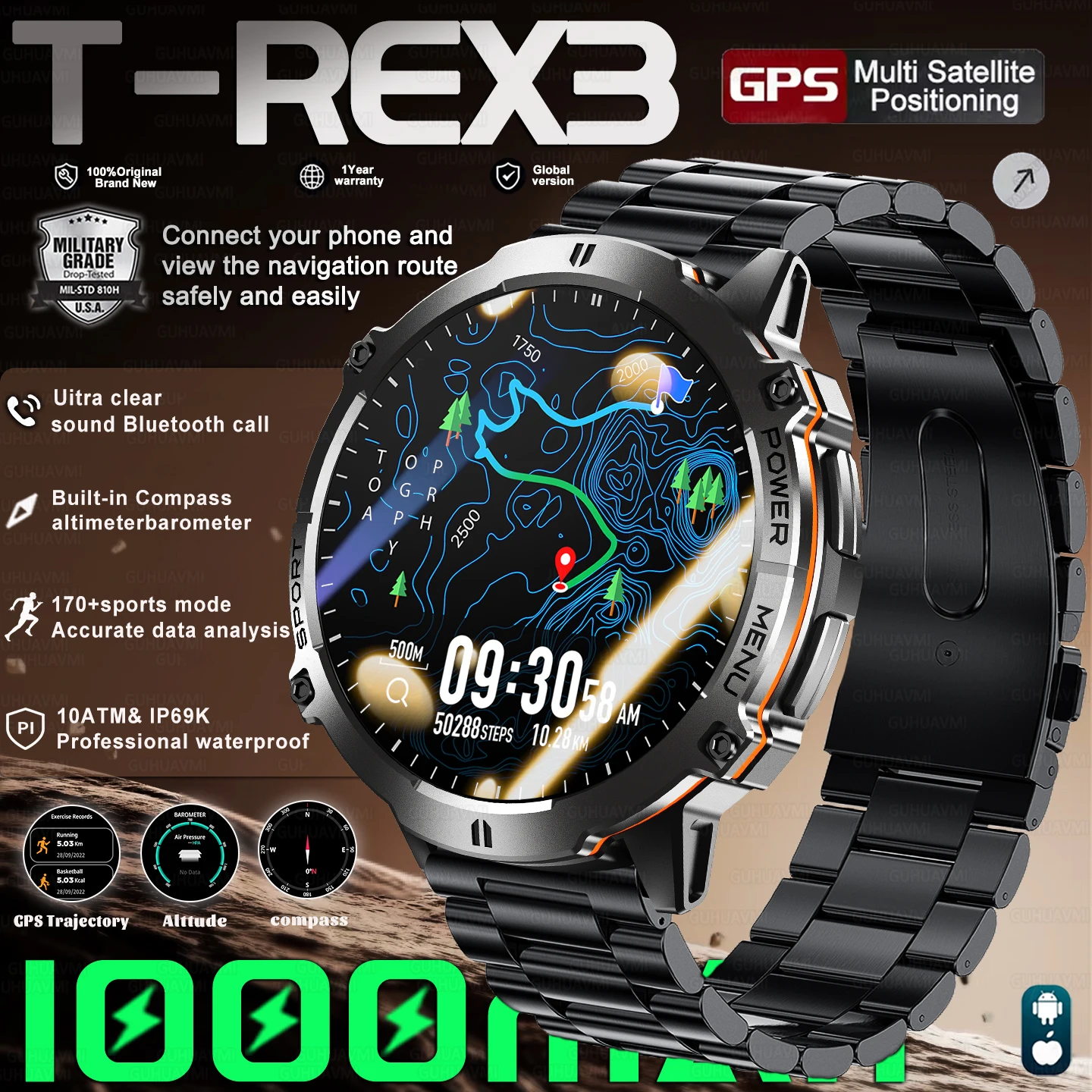 

New T-REX3 1000mAh Battery Large Size Durable Smart Watch for Adults Compass Altimeter 10ATM Waterproof HD Call Men's Smartwatch