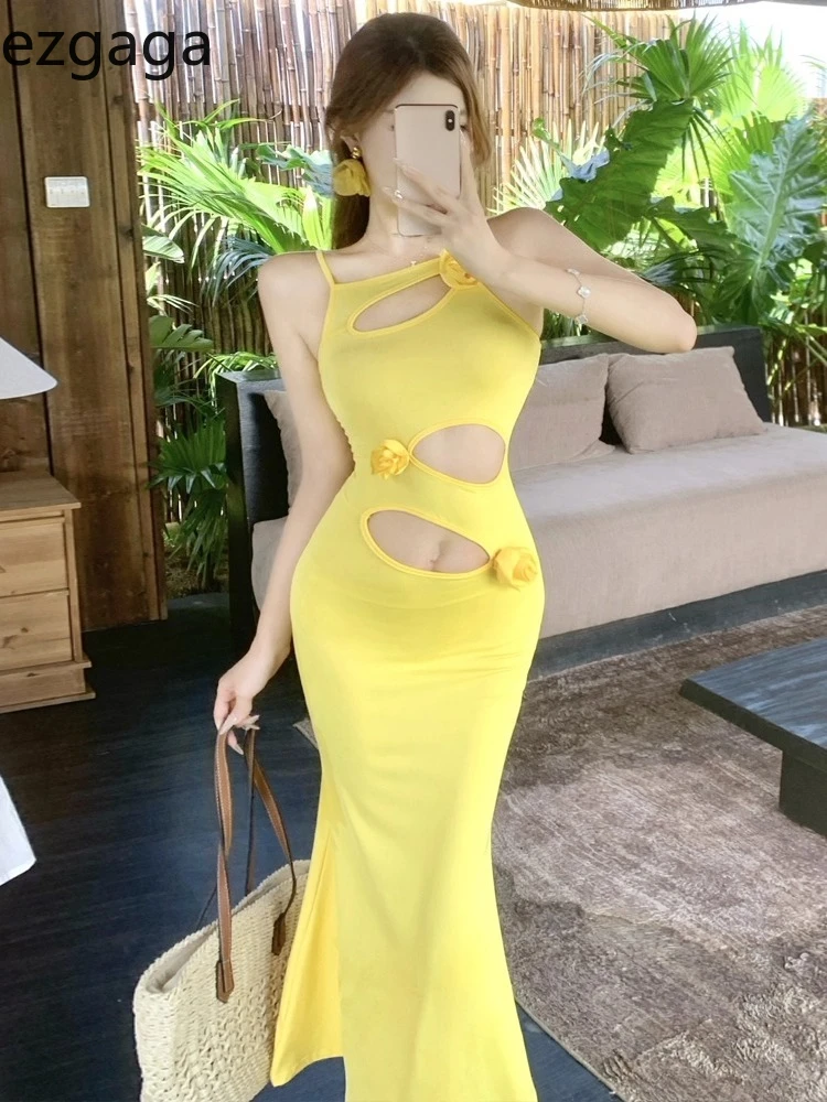 

Ezgaga Woman Dress Sexy Sleeveless Hollow Out Flowers Temperament Elegant Party Mermaid Dresses Ladies Clubwear Fashion
