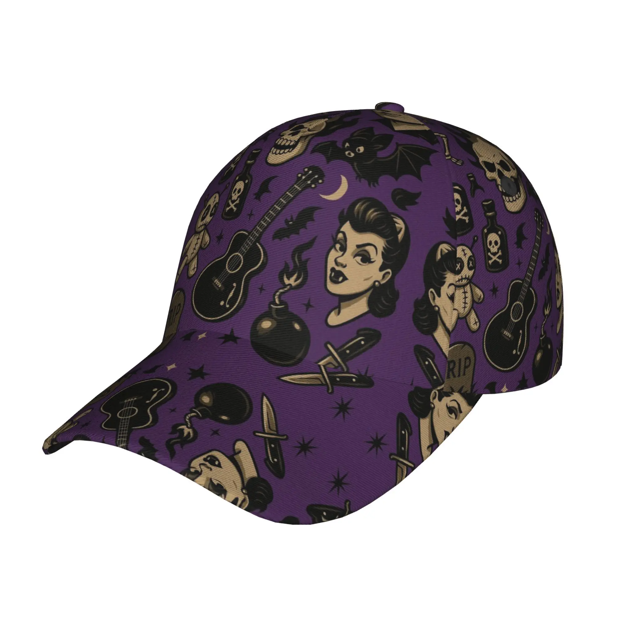 1pc Gothic Dark Element Collage Full-Print Trucker Hat - Unisex Purple Black Cap with Skulls Bats Roses, Guitars Cards