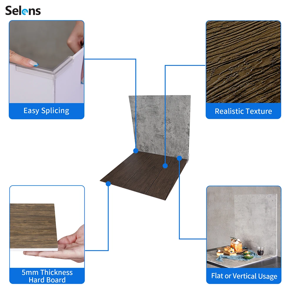 Selens 55x55cm Photography Backdrop Boards Kit 2Pcs Flat Lay Tabletop Vertical Double Sided Wood Texture Cement Backdground