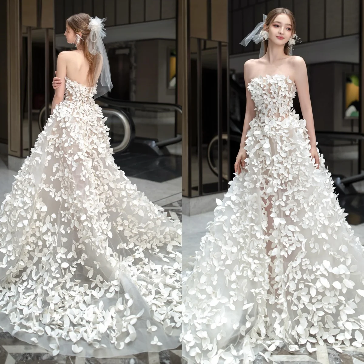 Vestido de novia blanco personalizado, línea A, exquisito, alta calidad, fiesta nupcial, apliques de ensueño, vestidos de novia sin tirantes de gasa