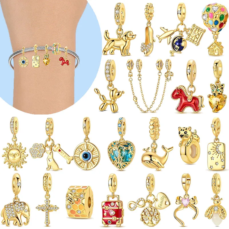 

New 925 Sterling Silver Gold Color Series Whale Puppy Bee Sun Moon Pendant Suitable for DIY Women's Charm Jewelry Birthday Gifts