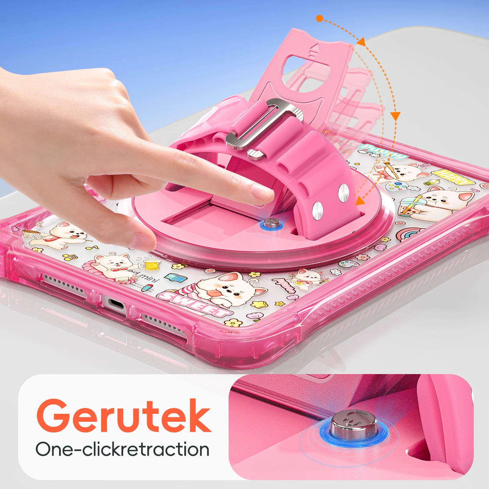 For iPad mini (2024) / (2021) Case Kickstand Hand Strap Imprint PC TPU Acrylic Cover with Shoulder Strap - Pink
