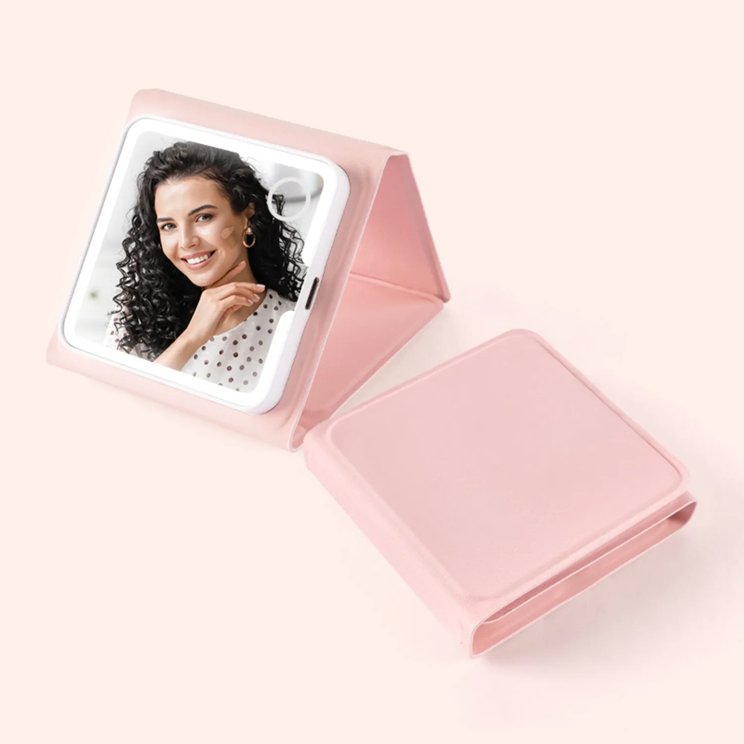 Miroir de maquillage pliable à 3 voies – grossissement 5X/plaux/10X, gradation LED tactile, miroir de courtoisie portable étanche en PU rechargeable