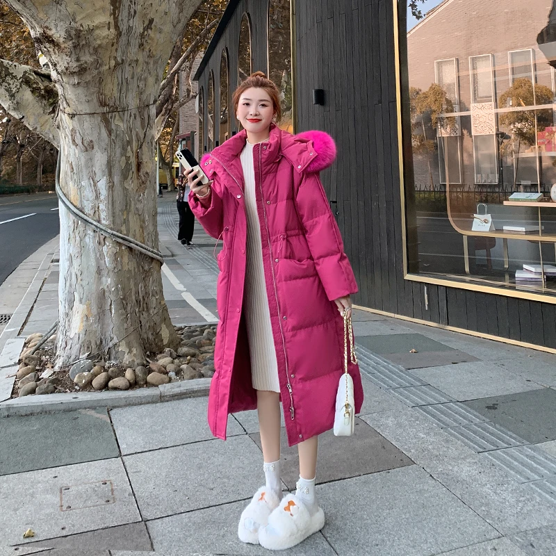 Abrigo largo de plumón de pato para mujer, chaqueta de plumas de invierno, rosa, moda coreana, cuello de piel de zorro grande, blanco, 90