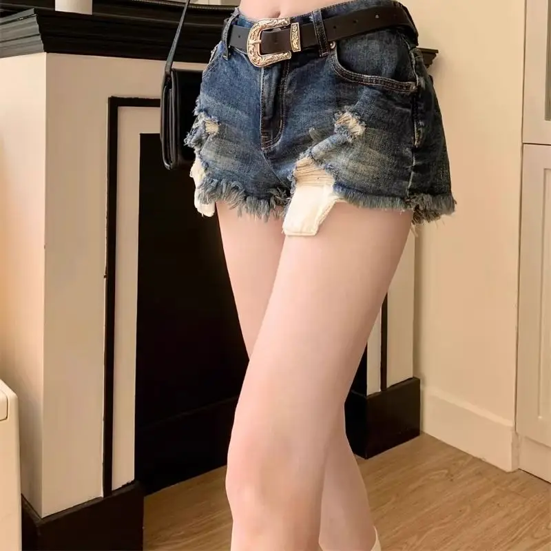 Pocket Leak Vintage High-Waisted Sexy & Club Denim Shorts y2k Women Clothing Loose Raw Edge Short Summer Ripped A-line Pants