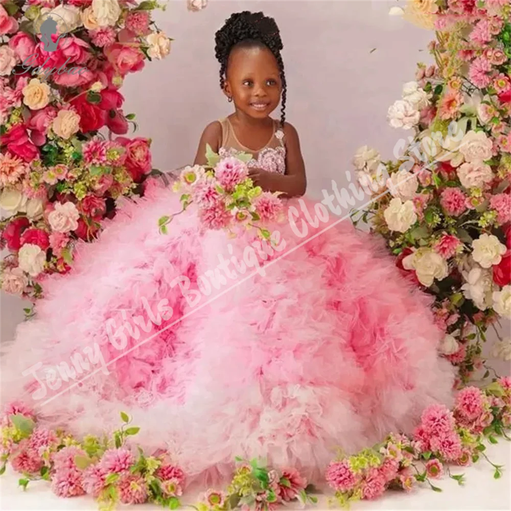 

Elegance Flower Girls Dress Pink Ruffles Fluffy Delamination for Wedding Party Little Girls Pageant Wedding Costumes