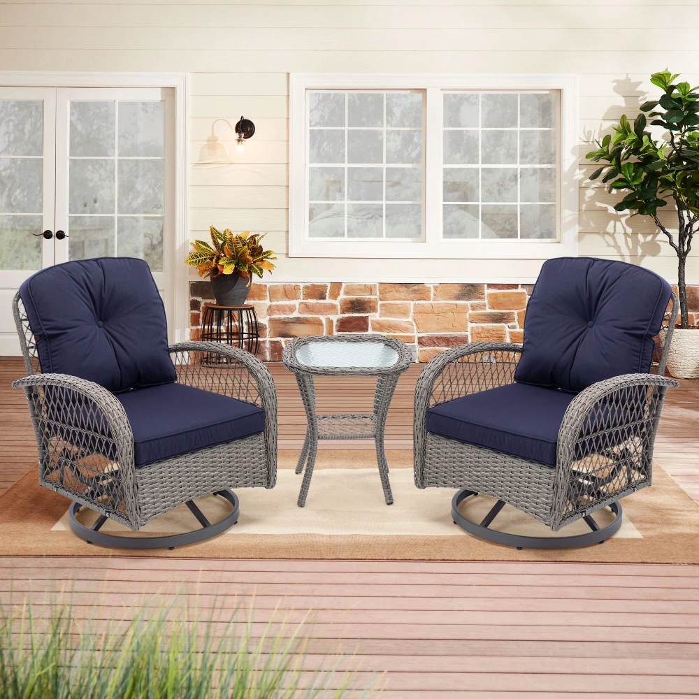 3 Pieces Outdoor Swivel Rocker Patio Chairs 360 Degree Rocking Patio Conversation Set with Thickened Cushions Glass Coffee Table