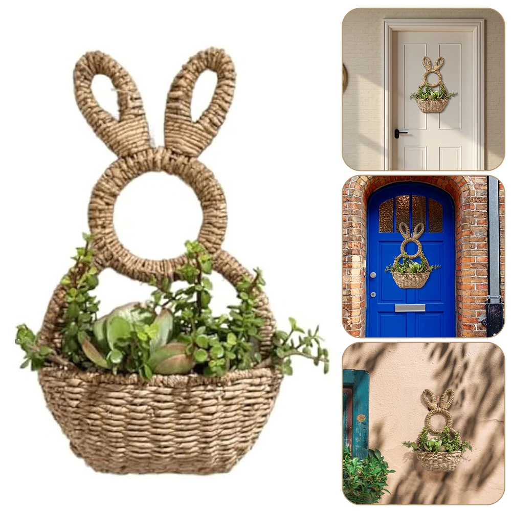 

Natural Woven Wickers Easter Bunny Basket Cute Hand Woven Wickers Easter Bunny Basket Wall Pocket For Front Door Decorations