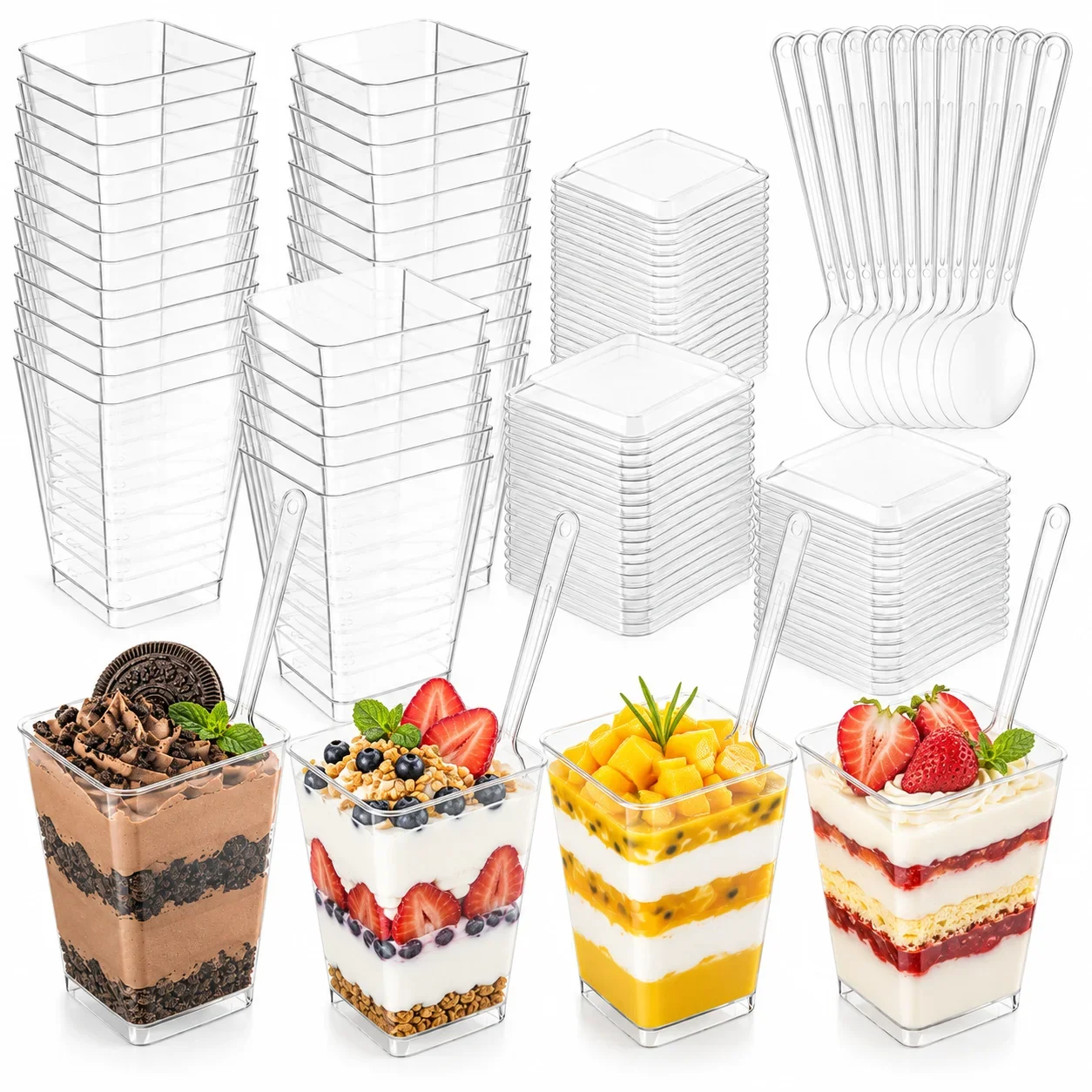 50PCS Clear Dessert Cups With Lids And Spoons,5oz 150ml Square Plastic Parfait Cups,2.4 inch Top 1.6 inch Bottom 3.0 inch Height,4.0 inch Mini Spoons,Stackable Portion Containers For Pudding Mousse Yogurt Fruit Jello,Home Meal Prep,Party Serving