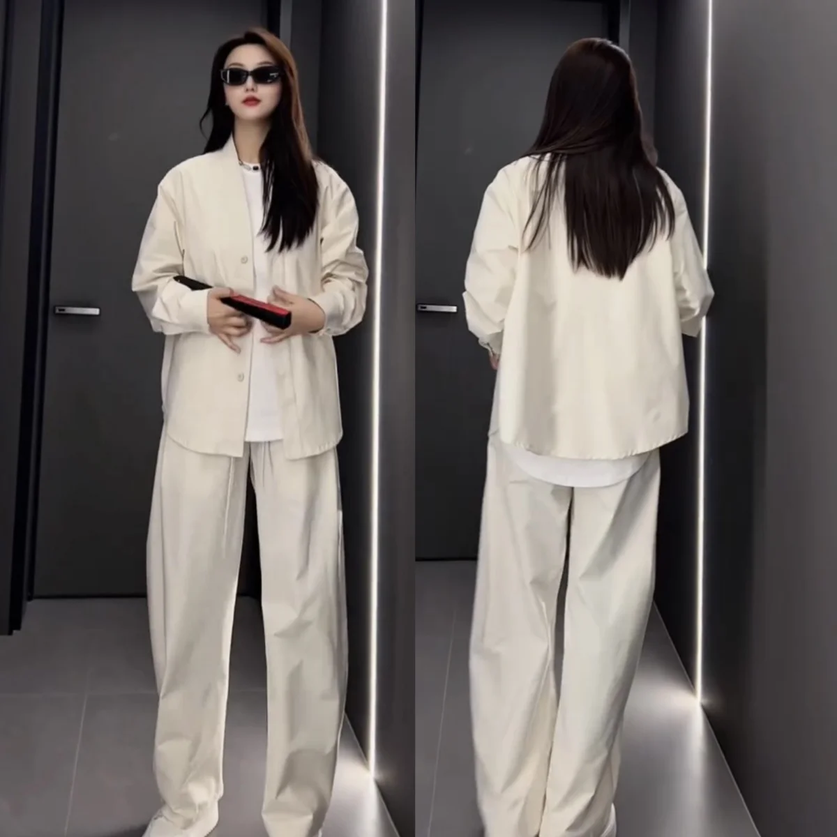 

Spring Summer Thin mat Color High-End Faion Casual Set Men's Women's irt Jaet Long Pants Two-Piece Set