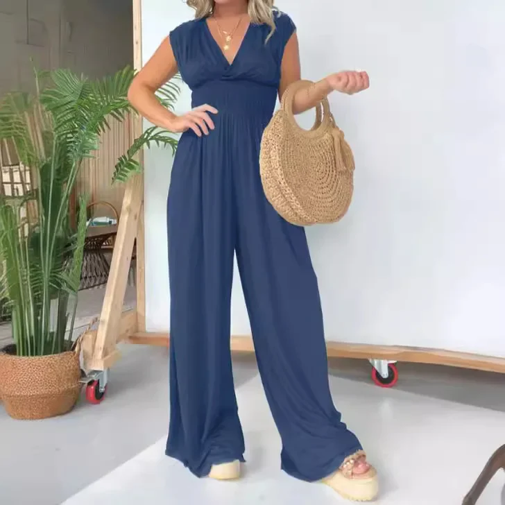 Women One Piece Solid Jumpsuits Sleeveless V Neck High Waist Rompers Y2k Wide Leg Long Pants Overalls Loose Casual Elegant