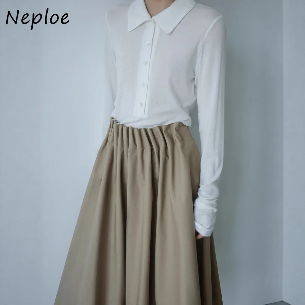 

Neploe однотонная мягкая повседневная простая футболка Moda винтажные тонкие топы с отложным воротником и длинными рукавами женские японские универсальные свежие Mujer