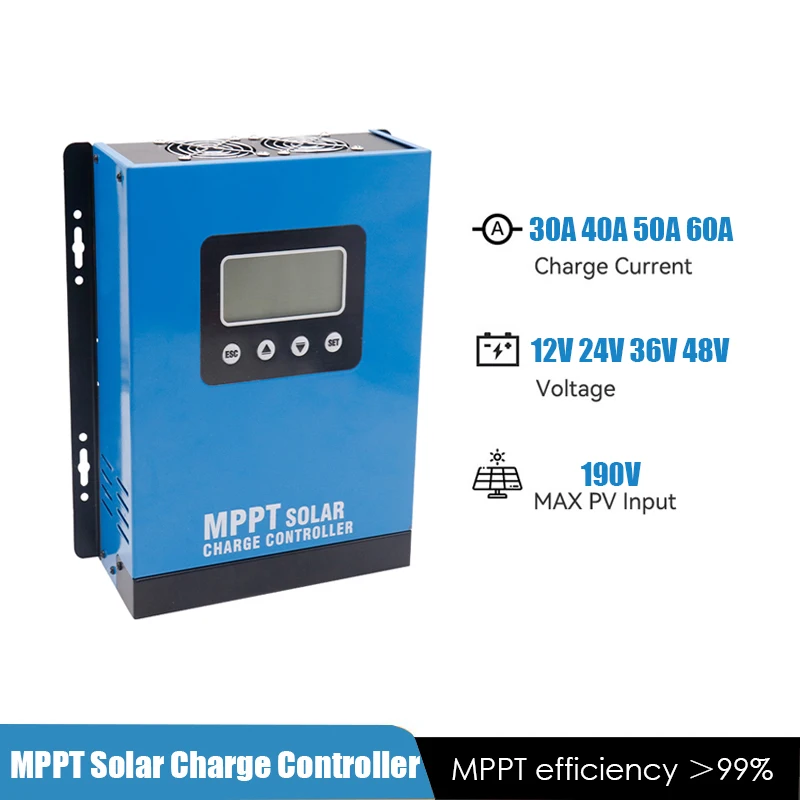 MPPT Solar Charge Controller 30/40/50/60A Battery Charger 190VDC Solar Panel Regulator LCD Display 12V-48V Load Control Support