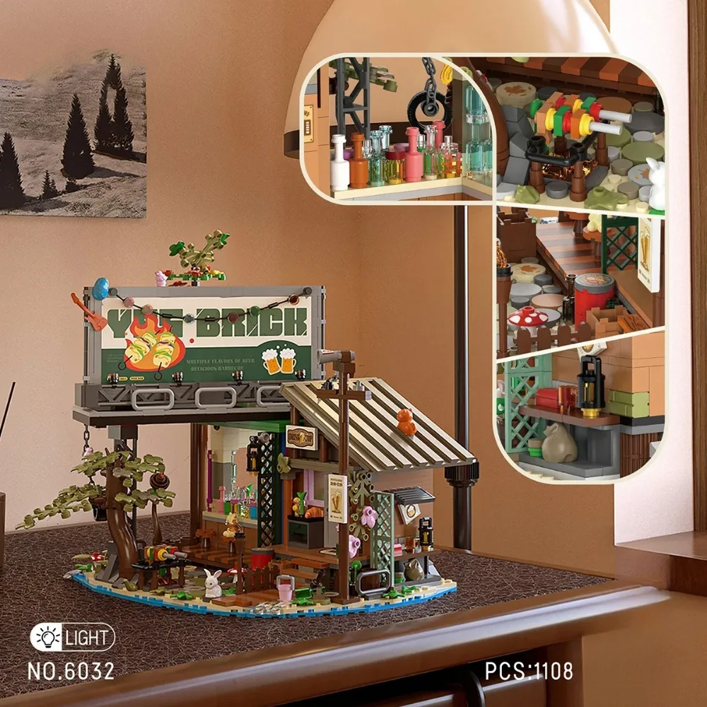 Waldhaus Pier Bar Bausteine mit LED-Licht Stadt Street View Holz Kabine Haus Modell Spielzeug für Kindergeschenke