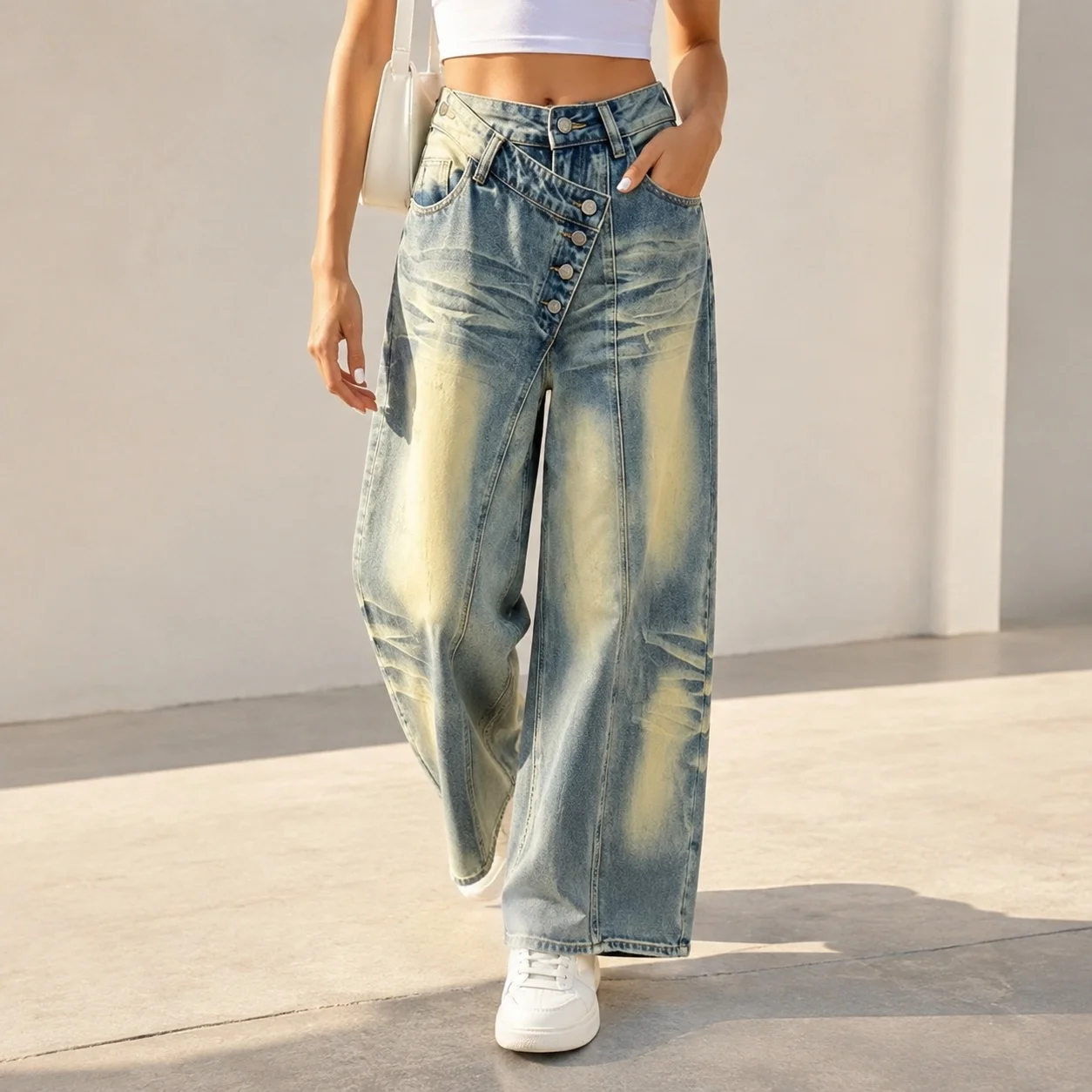 Wide Leg Washed Finish Jeans High Waist Streetwear with Faded Distressed Ripped Button Closure No Stretch Autumn Women Jeans