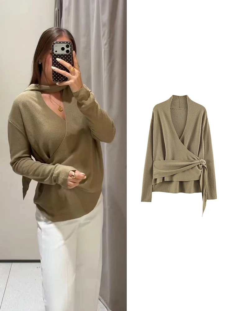 TFMLN 2026 Women V-Neck Knitted Top Solid Color Long Sleeve Casual Commute Wear Female Fashion Waist Sashes Elegant Tops