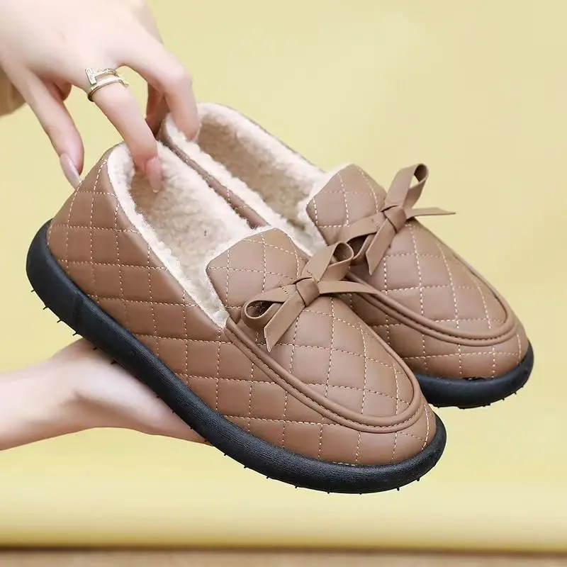 

Women Winter New Shallow Waterproof Cotton Shoes Soft Sole Non Round Toe Slip On Plush Keep Warm Lightweight Elderly Cotton Shoe