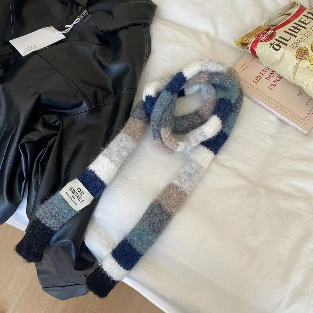 

Y2K Striped Scarf Knitted Wool With Warm Color Splicing Contrast Sausage Thin Scarf Rainbow Color Scarf Winter